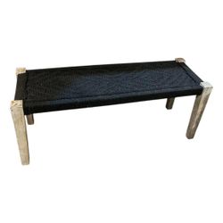 Vintage Woven Cord Bench with Wood Frame