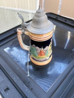 German Ceramic Beer Stein with Pewter Lid