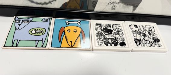 Vintage 1997 Otagiri Cat Dog Ceramic Coasters Set of 4 Square 4.3”