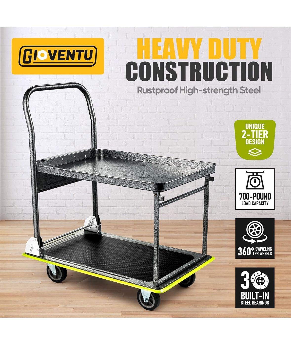 Heavy Duty Push Cart Dolly (700 lbs), Foldable Platform Hand Truck Made with High-Strength Steel, 2 Tier Design, Moving Flatbed Cart with Wheels for W