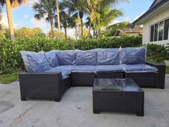 Modular 6-Piece Patio Sectional, Blue Cushions, 110" x 61" – Ready to Use