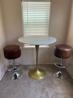 Marble Top Tulip Dining Table and Jeanne Rustic Leather Barstools
