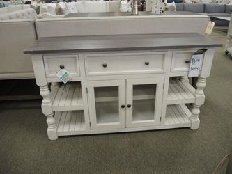 Kitchen Island - Antique White Base With Weathered Grey-Brown Top | Prep Table | Sideboard