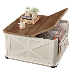 Farmhouse Coffee Table with Storage, Flip-Top Lids Square Coffee Table for Living Room, with Hidden Compartment, Honey Brown and Rustic White, LIRY Co