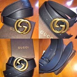 Mens Gucci Belt Black Leather GG Gold Buckle New Authentic NEW