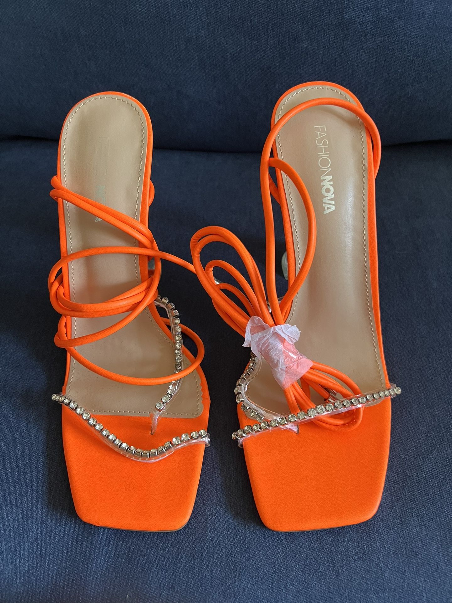 Orange New Women Lace Up Heeled Sandals Rhinestones Straps Open Toe Clear Stiletto Heel