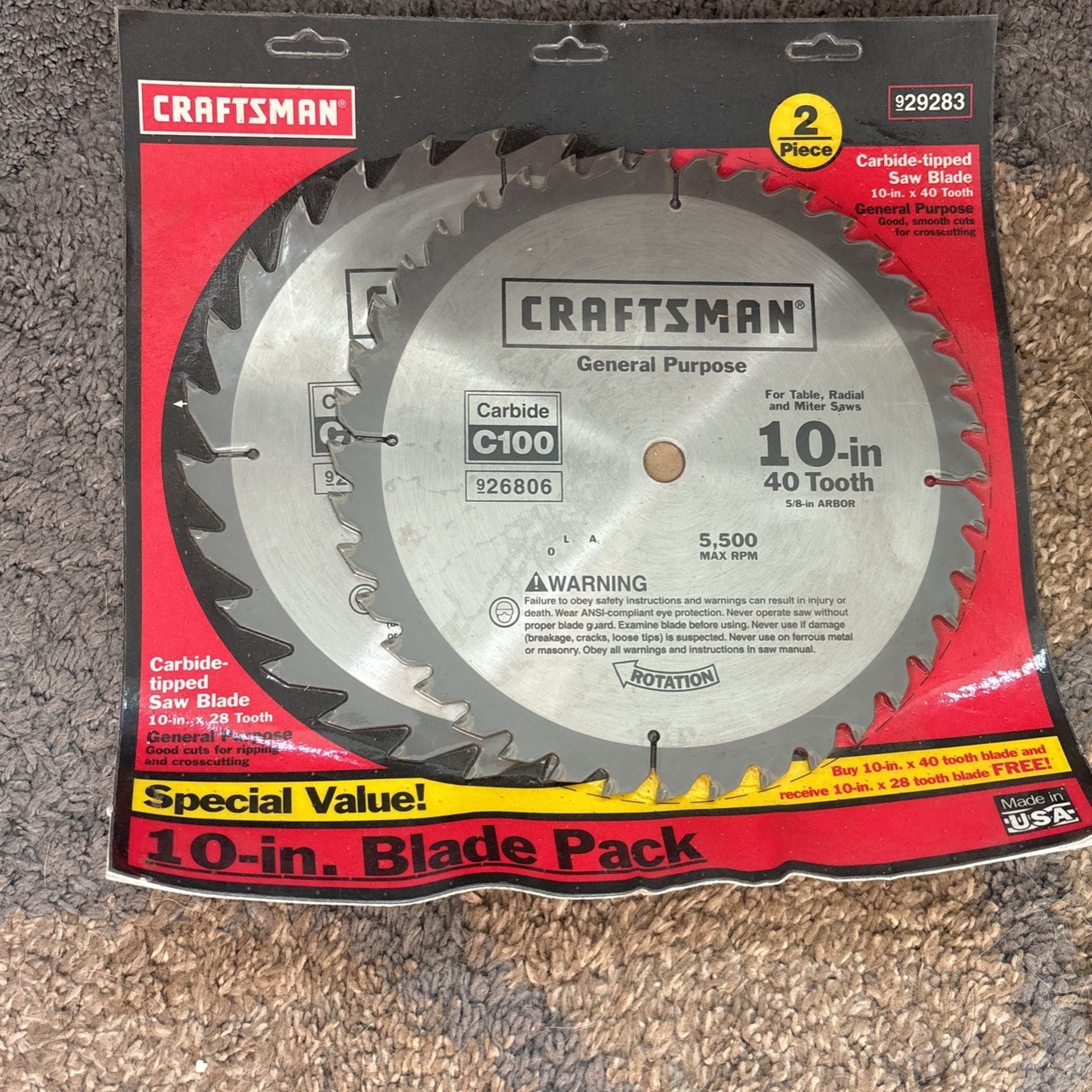 NEW-Circular Saw Blade 2-Pack 10" Craftsman 28 Tooth & 40 Tooth Carbide Tool Number - 929283