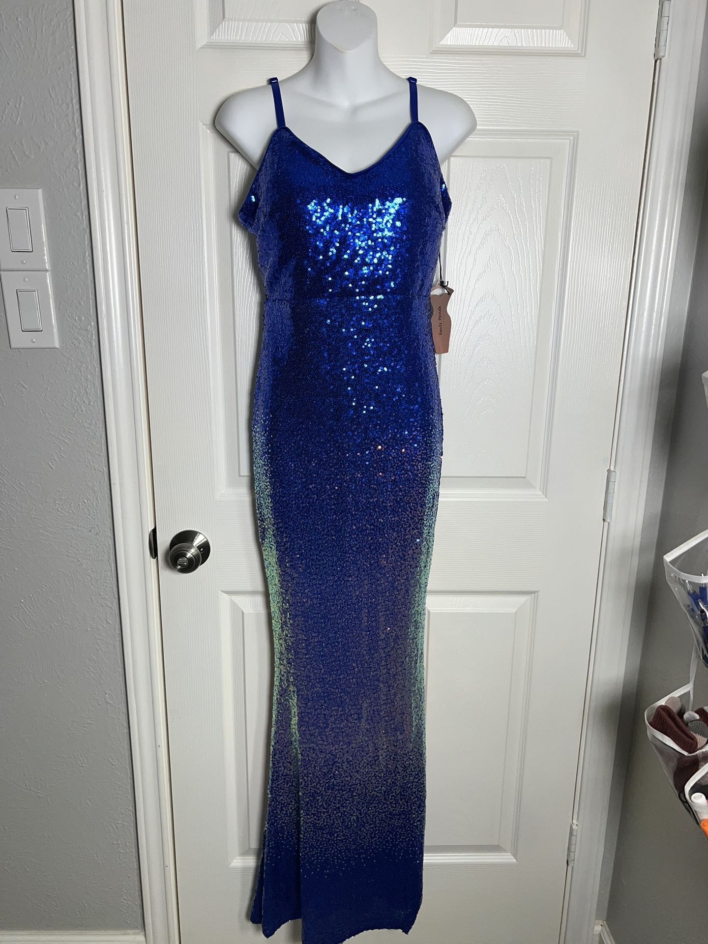 Blue Full Length Mermaid Sequined Prom Dress