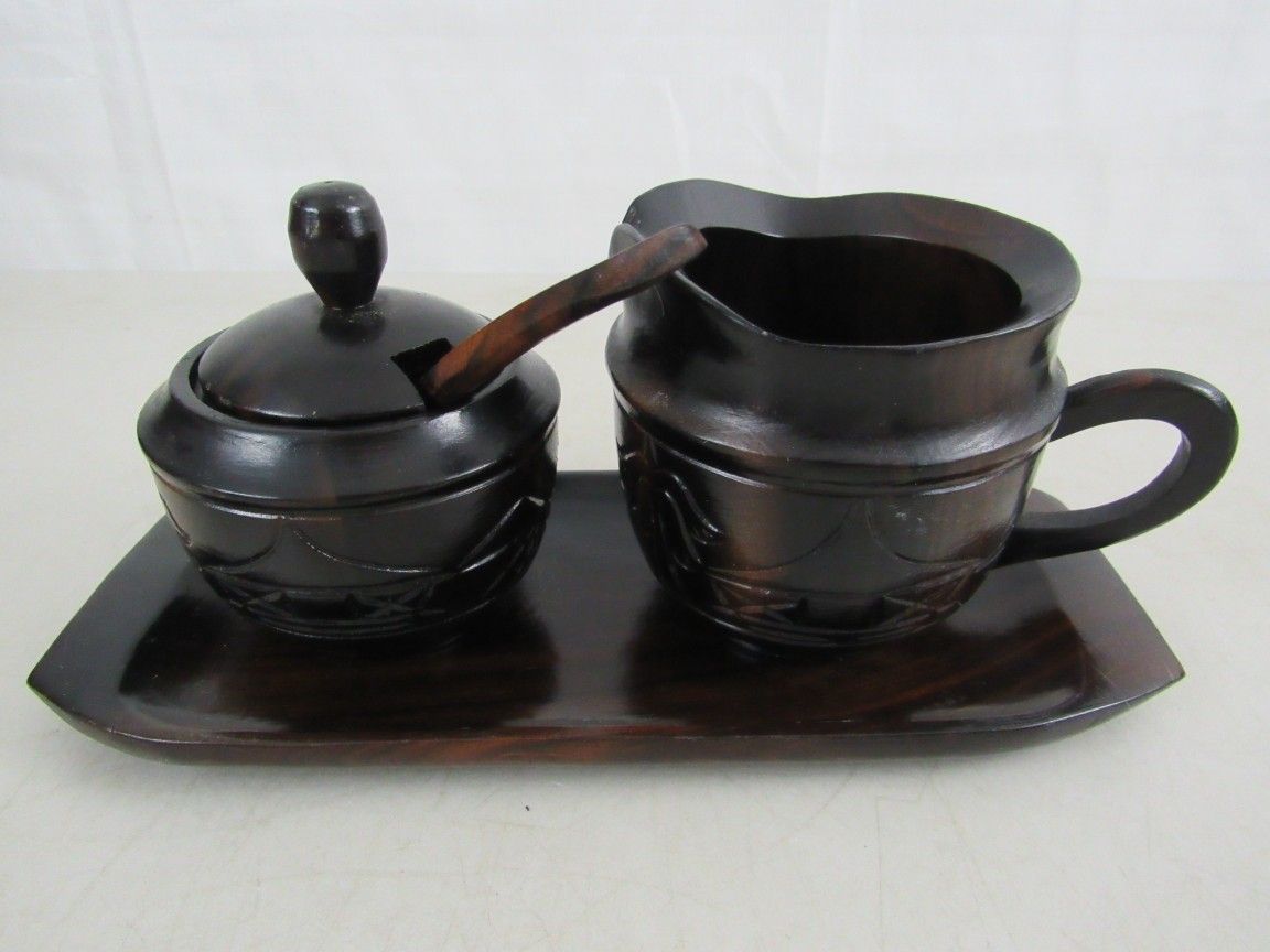 Vintage Asian Hand Carved Wooden Creamer & Sugar Tray Set