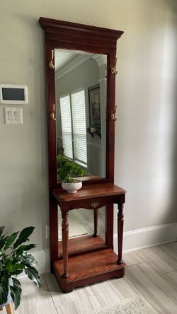 Solid Wood Hall Tree Entryway Mirror & Coat Rack – Traditional Cherry Finish