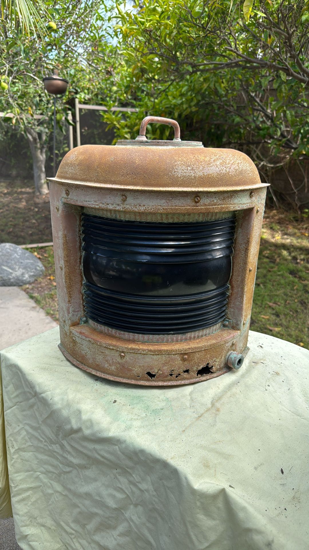 Antique Large 17” Tall Nautical Green Glass Lantern Deco Durkee Marine Ship Lamp Light Boat