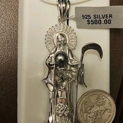 2.5" ICED 925 STERLING SILVER LA SANTA MUERTE GRIM REAPER PENDANT CZ ONYX