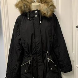 ✨New With Tags✨ Size 12 XL Black Parka Removable Hood Pockets Sherpa Coat Tan Faux Fur Royal Matrix 