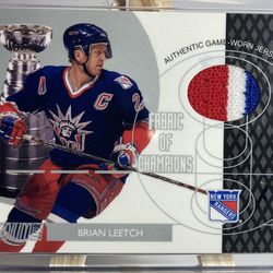 HOF Brian Leetch NY Rangers 2002-03 Topps Stadium Club Fabric of Champions (Rare 3 Color Red-White-Blue Game Worn Jersey) #FC-8 Very Sharp Condition 
