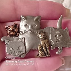 Vtg.Pewter& Copper& Brass Kitty Cats Pin