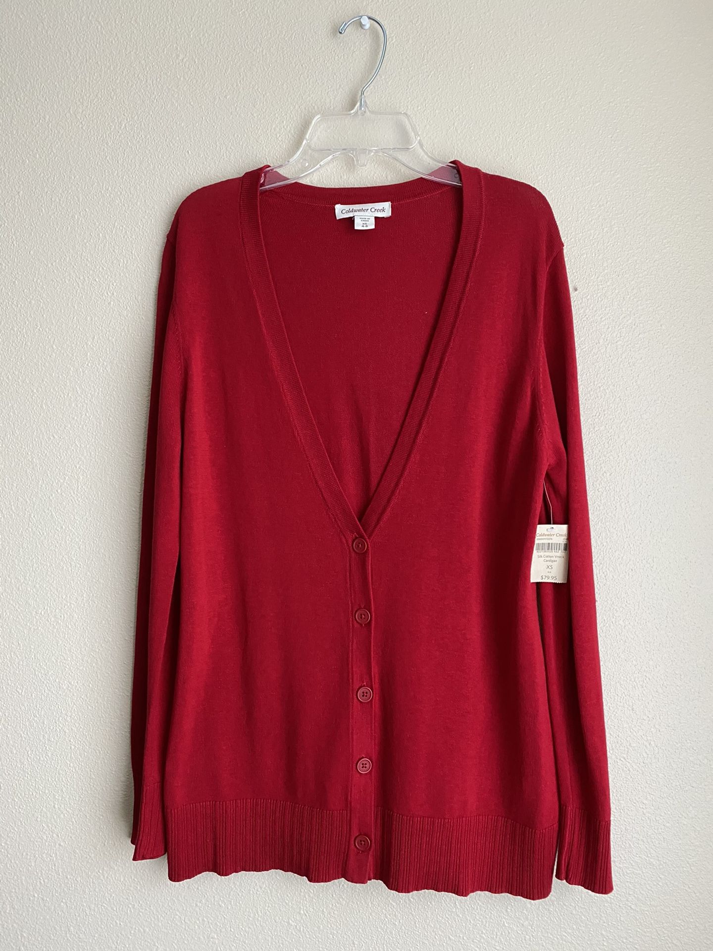 Coldwater Creek Brand Cardigan, Size XS, Red, 70% Silk, 30% Coton, New With Tags