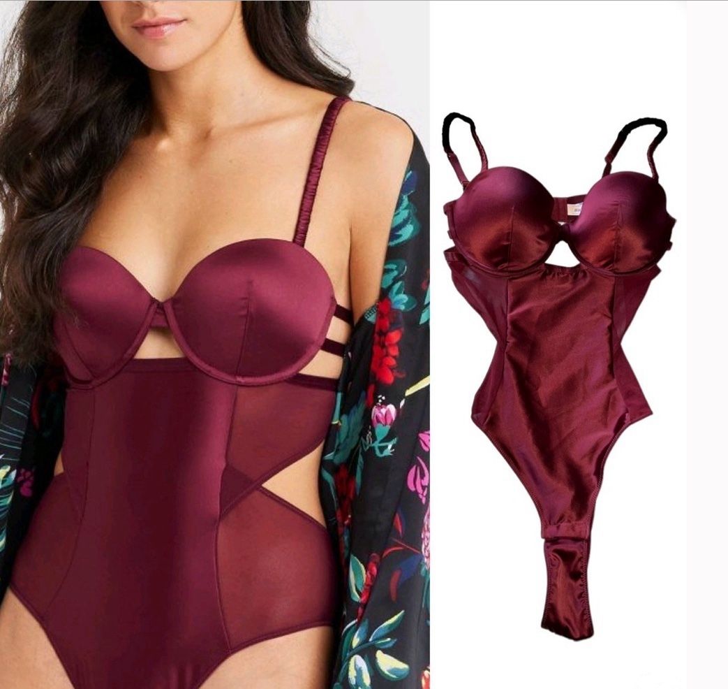 Auden Women's Satin Burgundy Lightly Lined Mesh Silky Stretch Bodysuit - Size M