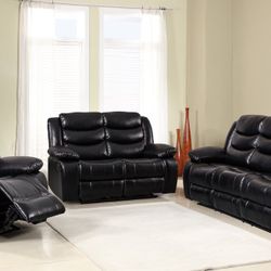 Brand New 3PC Black PU Reclining LIVRM Set! As Low As $55 Down With Acima!