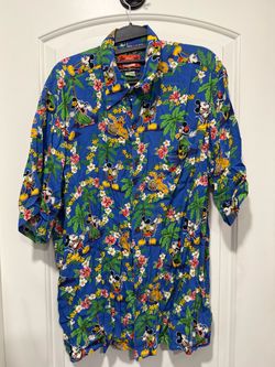 Disney Men's Size Large Hawaiian Mickey, Minnie & Pluto Button-Down Shirt