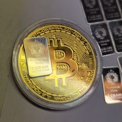1oz 24k Gold Over .999 Copper Bitcoin  + 1g Scottsdale Mint .999 Silver 