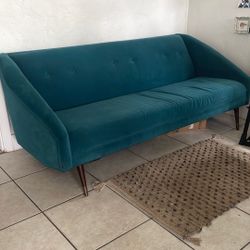 Teal Velvet Mid Century Sofa. 