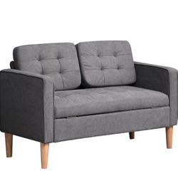 HOMCOM Modern 2-Seater Loveseat Button-Tufted Fabric Couch with Storage Chest Grey