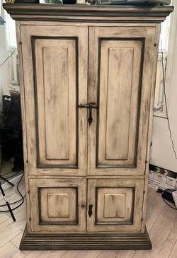 Rustic Creme Wooden Armoire, with Sea Blue Accents | 5.5 ft. Tall w/ Weathered Wood Markings