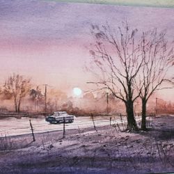 Car And Sunset Canvas Wall Art