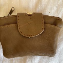 Leather tan coin purse 2 zippered + 1 snap pockets change purse leather coin bag leather coin pouch leather coin holder