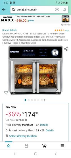 Kalorik MAXX® AFO 47631 SS AS SEEN ON TV Air Fryer Oven Grill (26 Qt) Digital Smokeless Indoor Grill and Air Fryer Oven Combo with 11 Accessories, Aut