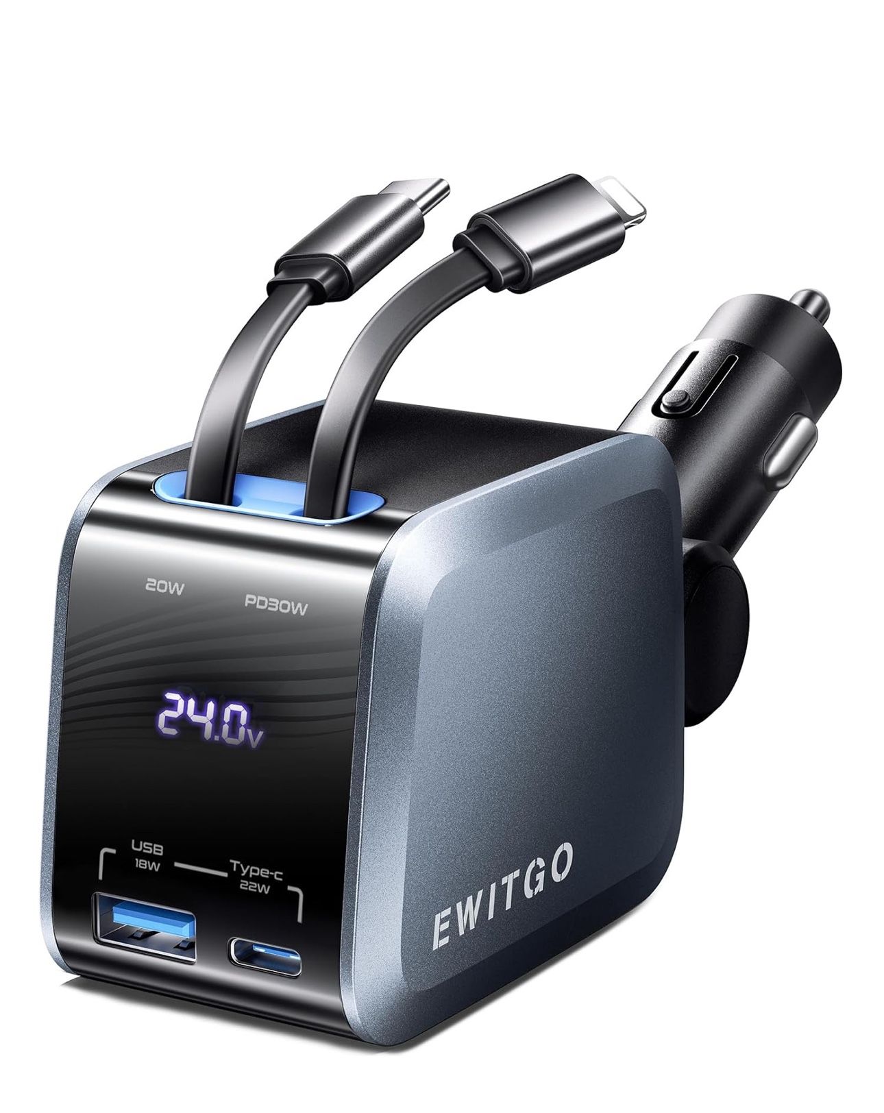 Retractable Car Charger, Car Accessories, 72W Fast Charging USB C Car Charger with 4FT Retractable Cables and 2 Ports, for iPhone 16 15 14 13 12, Sams