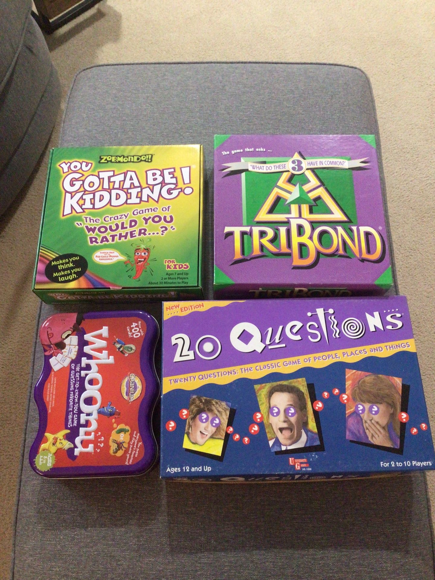 Lot of 4 Board Games 20 Questions, Whoonu, Tri Bond, You Gotta Be Kidding Would You Rather EUC