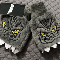 Godzilla Biting Fuzzy Fingerless Gloves New w/tags