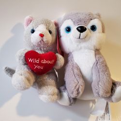 Two Grey Plush: Kitten Cat With Heart And Husky Puppy Dog