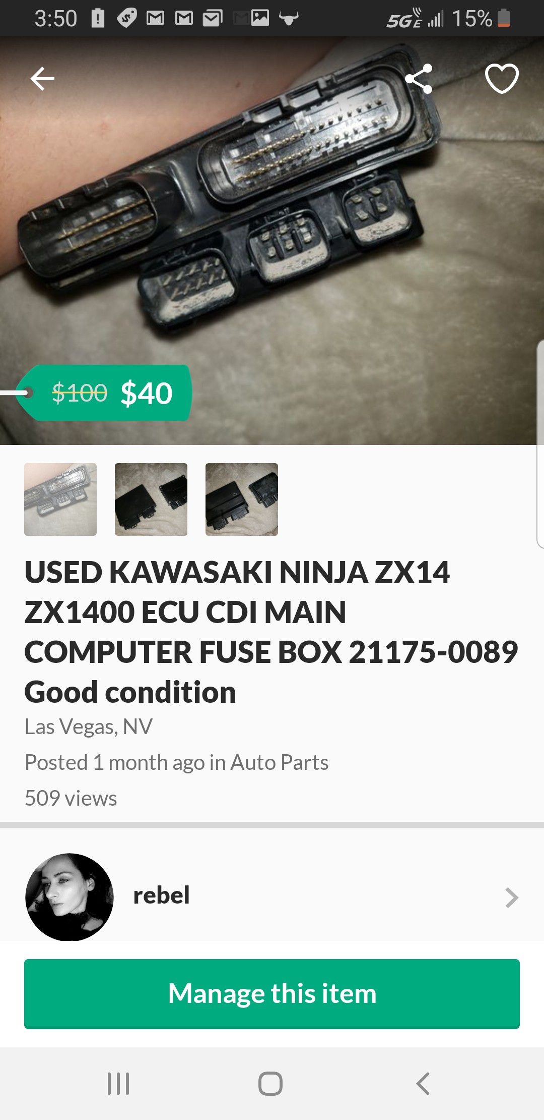USED KAWASAKI NINJA ZX14 ZX1400 ECU CDI MAIN COMPUTER FUSE BOX 21175-0089 Good condition