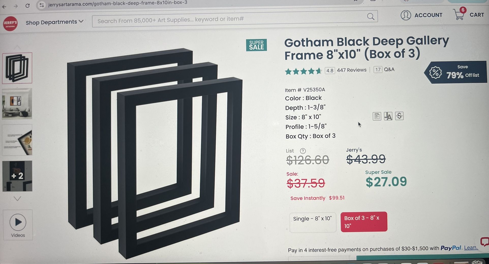 6 New 8 X 10 Gotham, black, deep gallery frames.