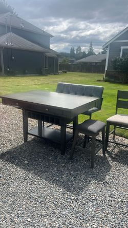 Table, chairs, bench and barstool