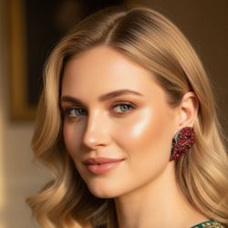 Earrings Silver With  Red Gemstone