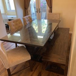 Jerome’s Glass-Top Dining Table + 4 Tufted Chairs & Bench - Great Condition! $550 OBO