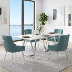 Velvet Dining Chairs with Pleated Tufted Upholstery, Silver Metal Legs,Green