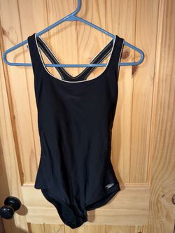 Speedo Women’s Black One-Piece Swimsuit White Trim Racerback Size Small Athletic Swim