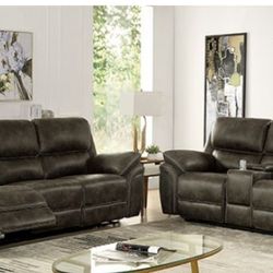 Brand New Mocha Transitional Style Leather Power Reclining Sofa & Loveseat 