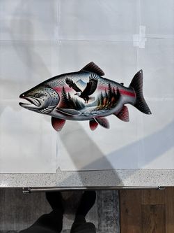Salmon Fish W/ Eagle Inside Colorful Metal Sign 9x15.5