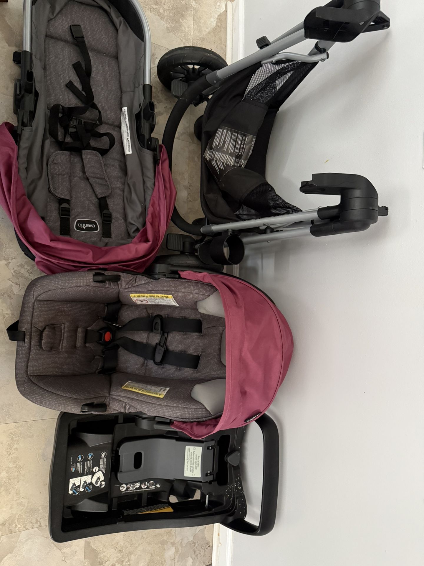 Evenflo travel system + bassinet attachment + car seat base + the stroller frame