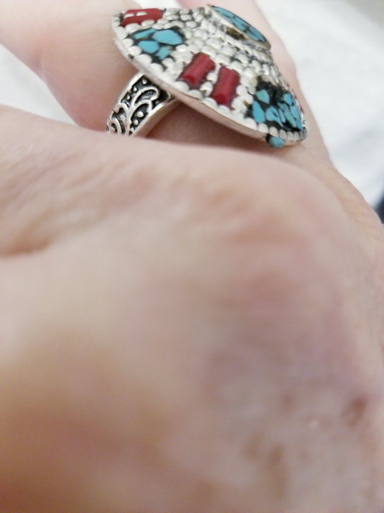 American Indian Handmade Turquoise Ring. Size 6.     Sterling Silver
