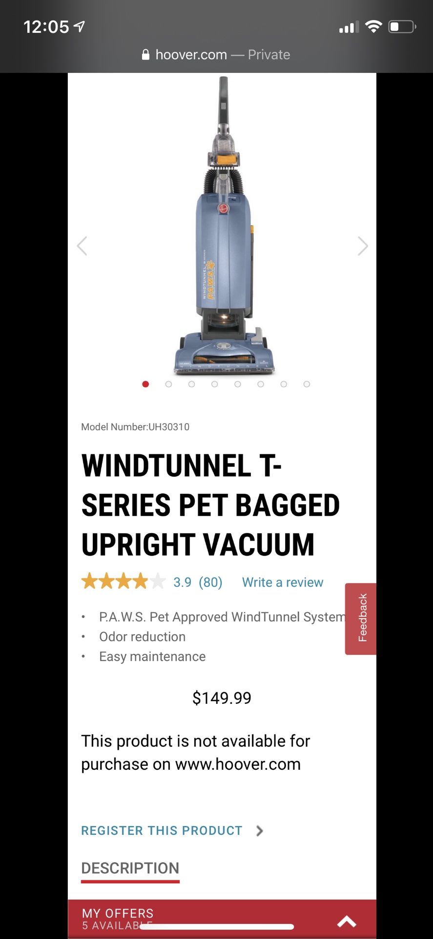 Hoover Windtunnel TSeries Pet Bagged Upright Vacuum (PAWS) for Sale
