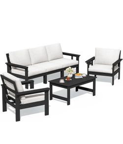 SERWALL HDPE Patio Conversation Set, 6-piece Sectional Outdoor Furniture Set, All Weather Outdoor Couch Set Patio Furniture Set for Deck, Lawn, Black 