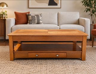 Oak Wood Coffee Table with 2Drawers and Shelf
