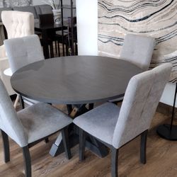 Modern 5-piece Round Dining Table Set with Cross-Buck Dining Table, Upholstered Chairs