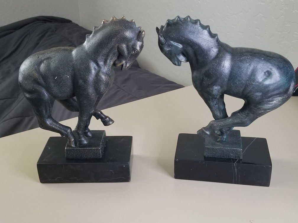 Horses Cast Iron Sculptures Bookends on marble bases

